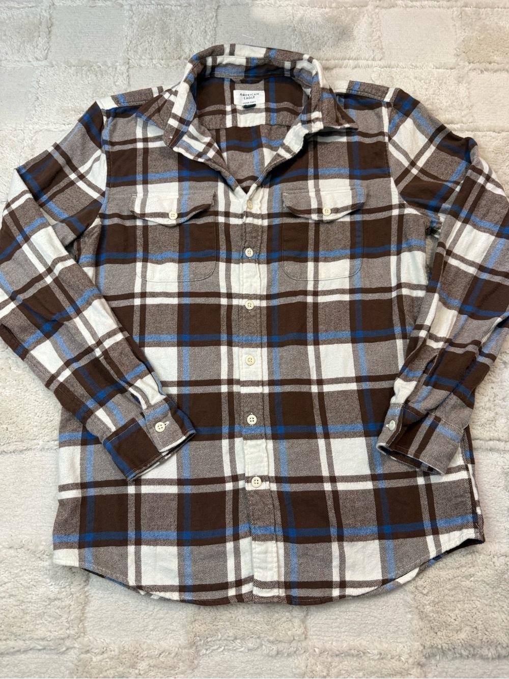 American Eagle Men's Brown and blue Plaid Flannel Shirt 100% Cotton Size M Tall